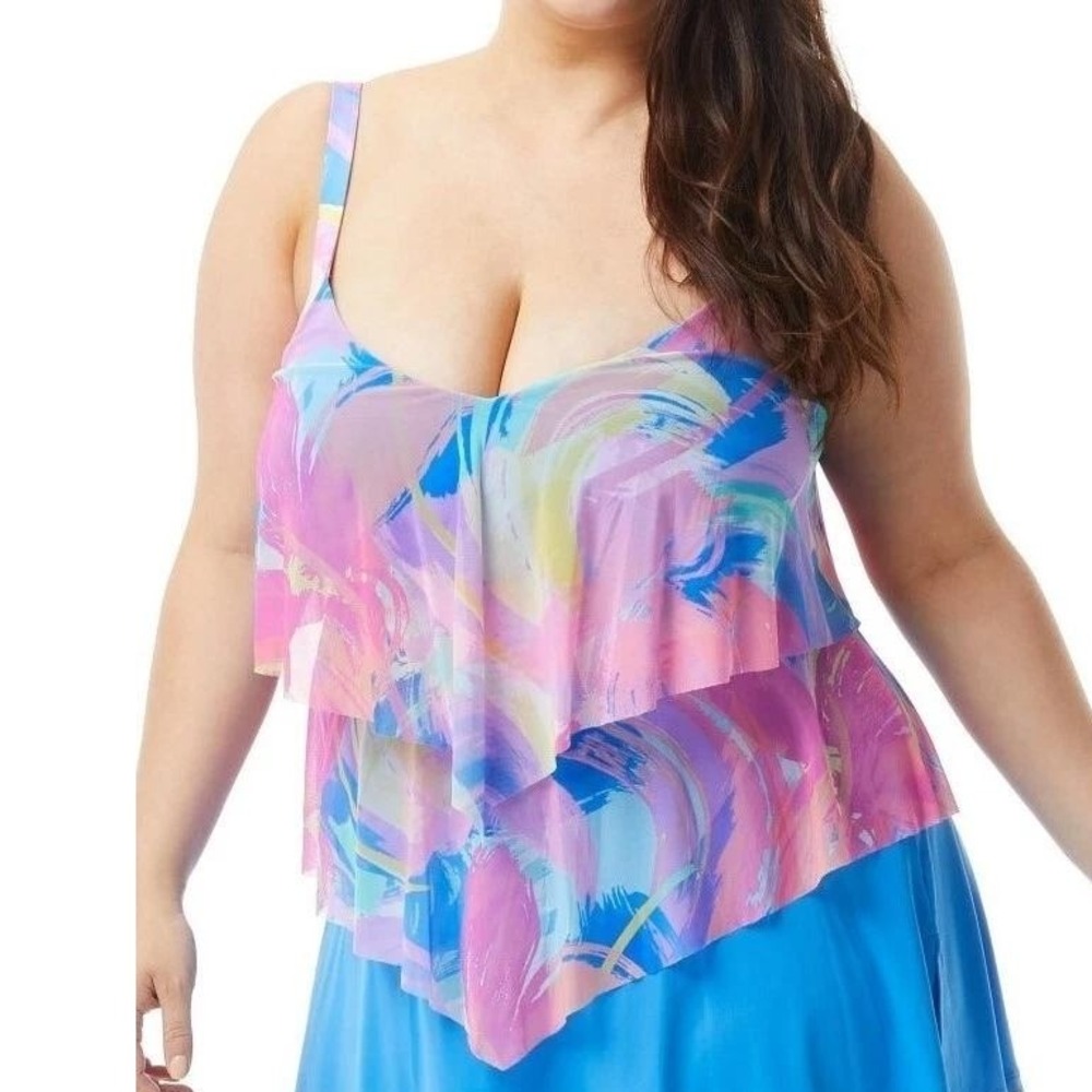 Beach House Woman 22W Abstract Ruffle Mesh Tankini Swim Top Plus Size Tiered